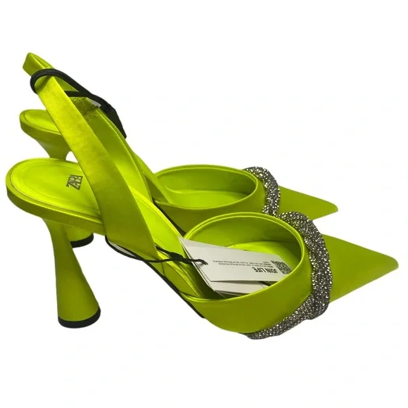 Zara Green Pumps Size ZARA Satin Effect Rhinestone Heel In Lime